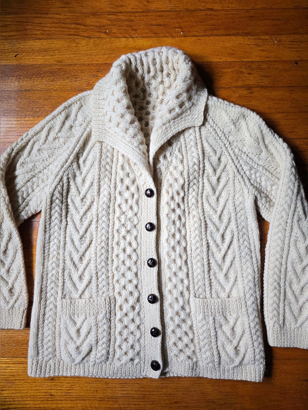 Vintage 80s Irish Wool Fisherman Cardigan Sweater Cable Handknit Leather Buttons